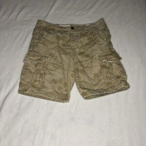 Hollister Cargo Shorts Mens 32 Tropical Palm Print Khaki Button Fly Beach